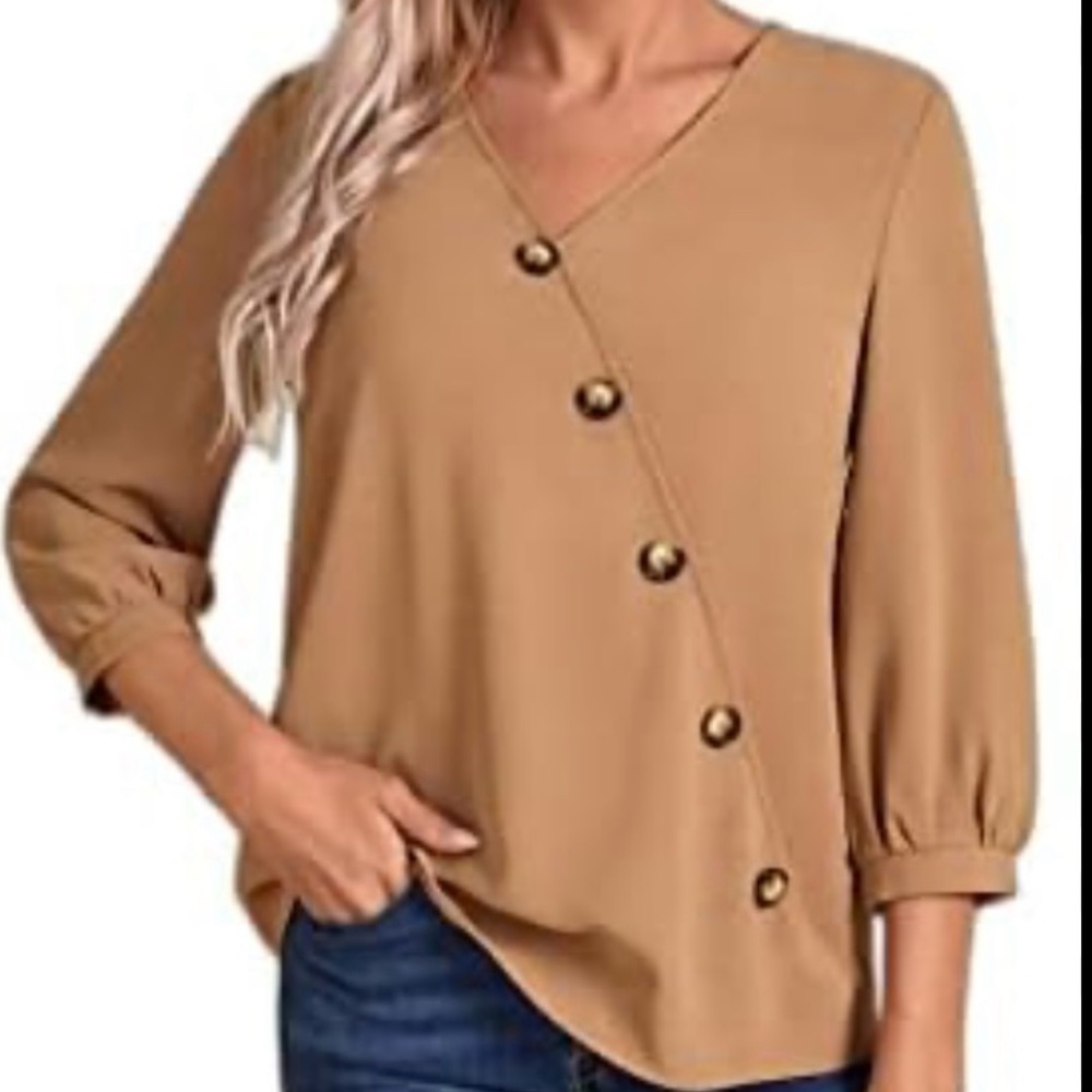 Asymmetrical Button V-Neck Blouse - Camel